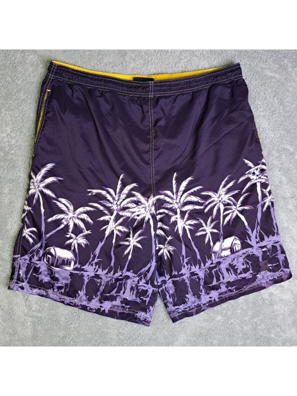 Starter Large Hawaiian Print Swim Trunks Purple Yellow